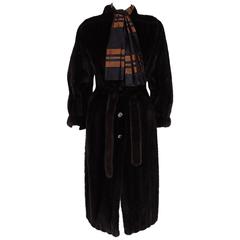 1970's Pierre Balmain Couture Brown Mink Fur Billow-Sleeve Belted Coat & Scarf 