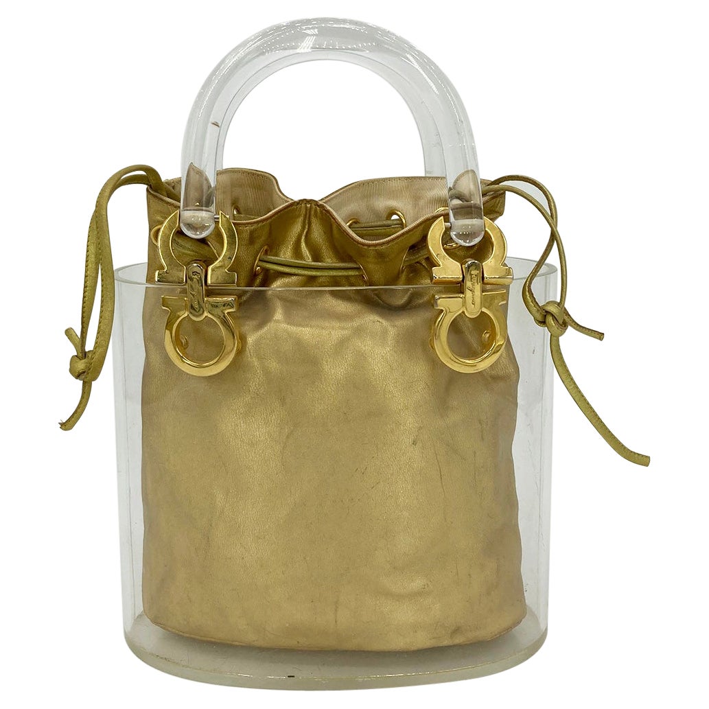 Vintage Salvatore Ferragamo Ganchini Clear Acrylic Bucket Bag with Gold Pouch For Sale