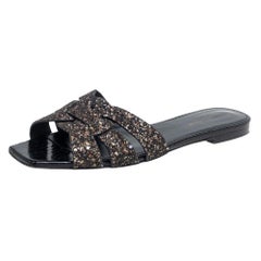 Saint Laurent Metallic Glitter Tribute Flat Slides Size 39