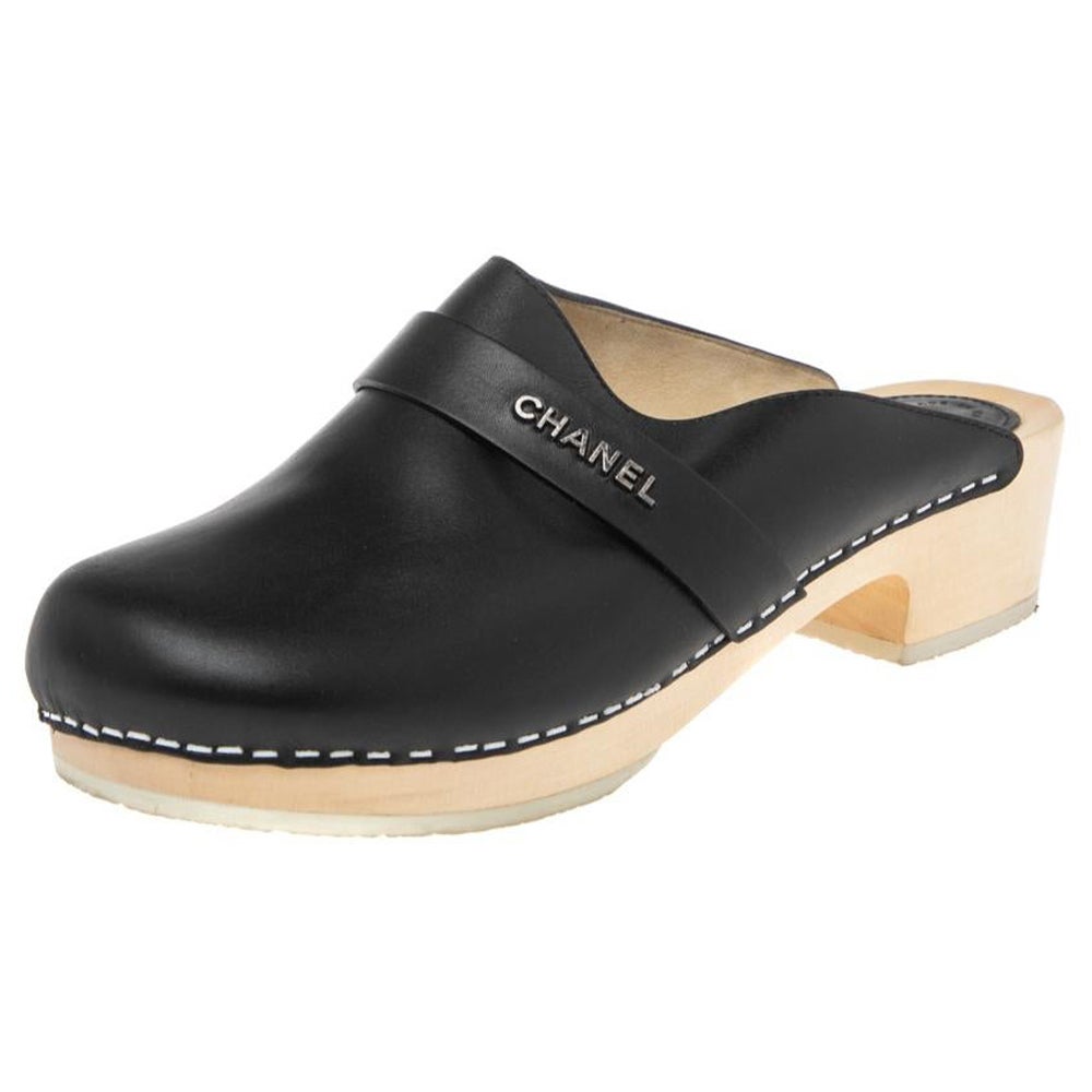 Chanel Black Leather Wooden Clogs Size 39 at 1stDibs