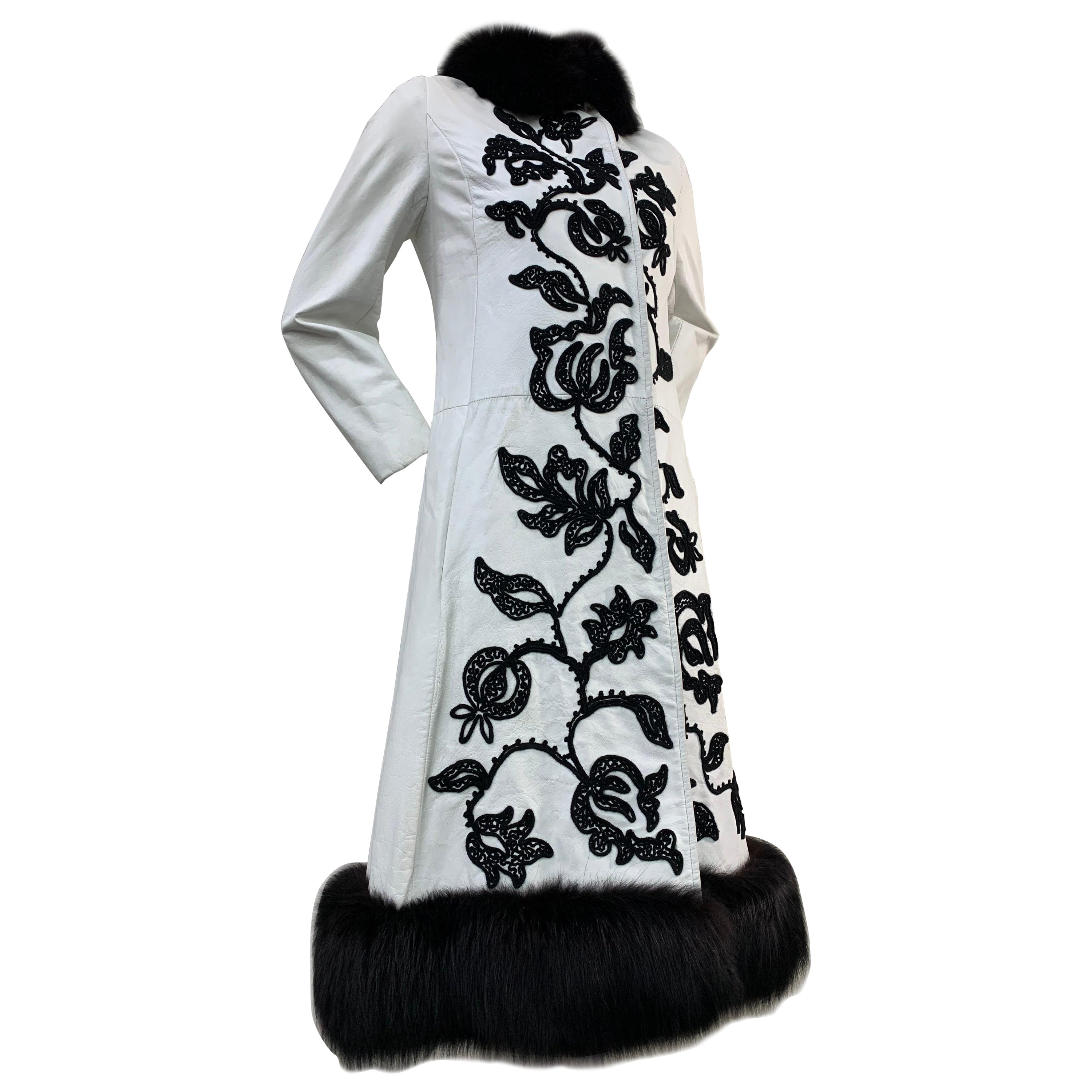1960s White Leather Princess Coat w/ Black Crewel Embroidery and Fox Trim