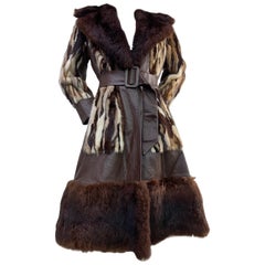 1960s Mink Fur Patchwork Foxy Flared Coat w/ Belt and Wide Fur Trim