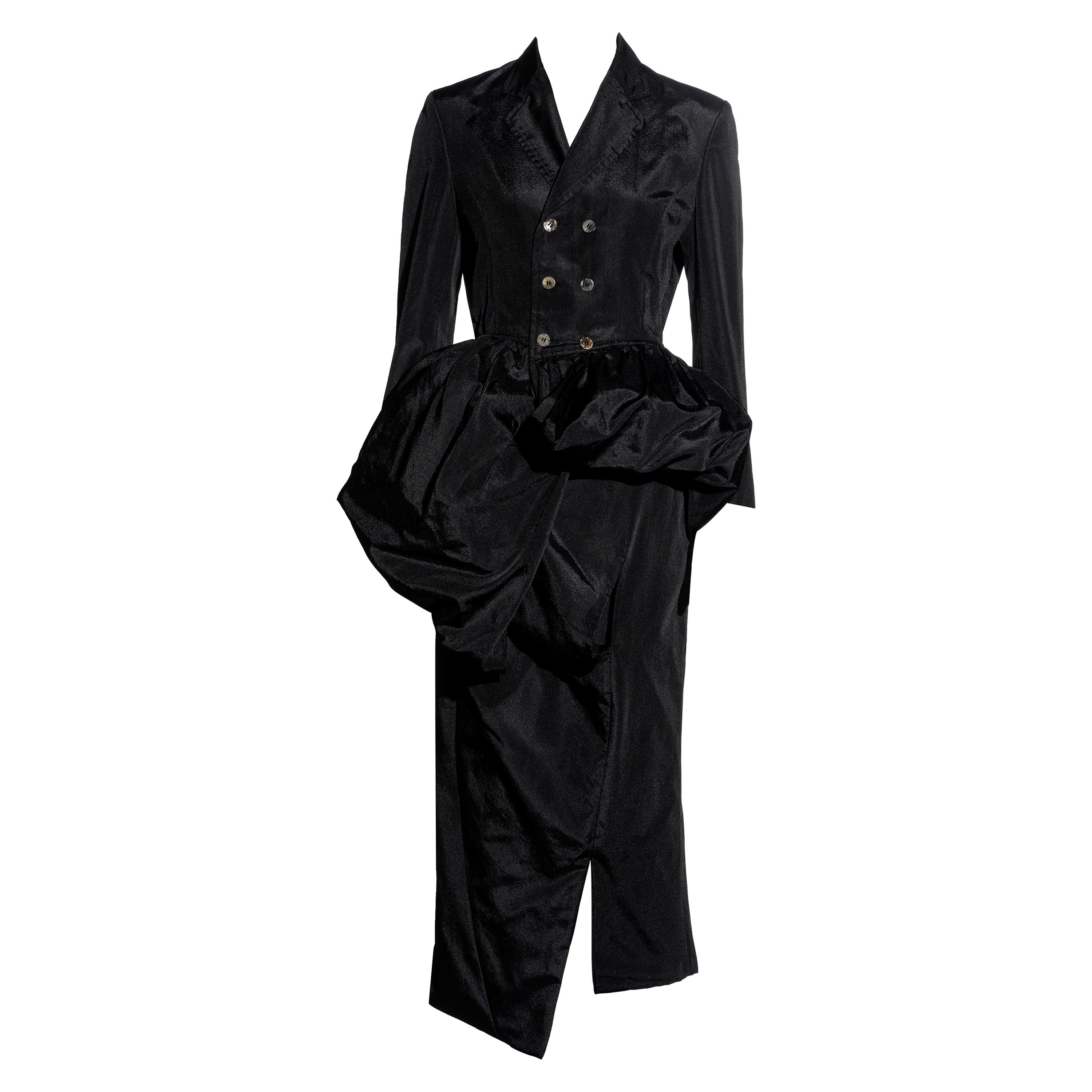 Comme des Garcons black synthetic bustled jacket and skirt suit, fw 1986