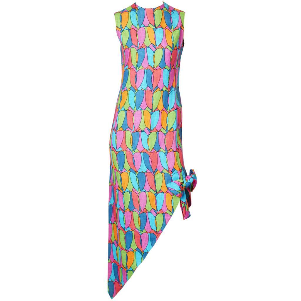 Geoffrey Beene 60's Colorful Linen Dress With Asymmetric Hem 