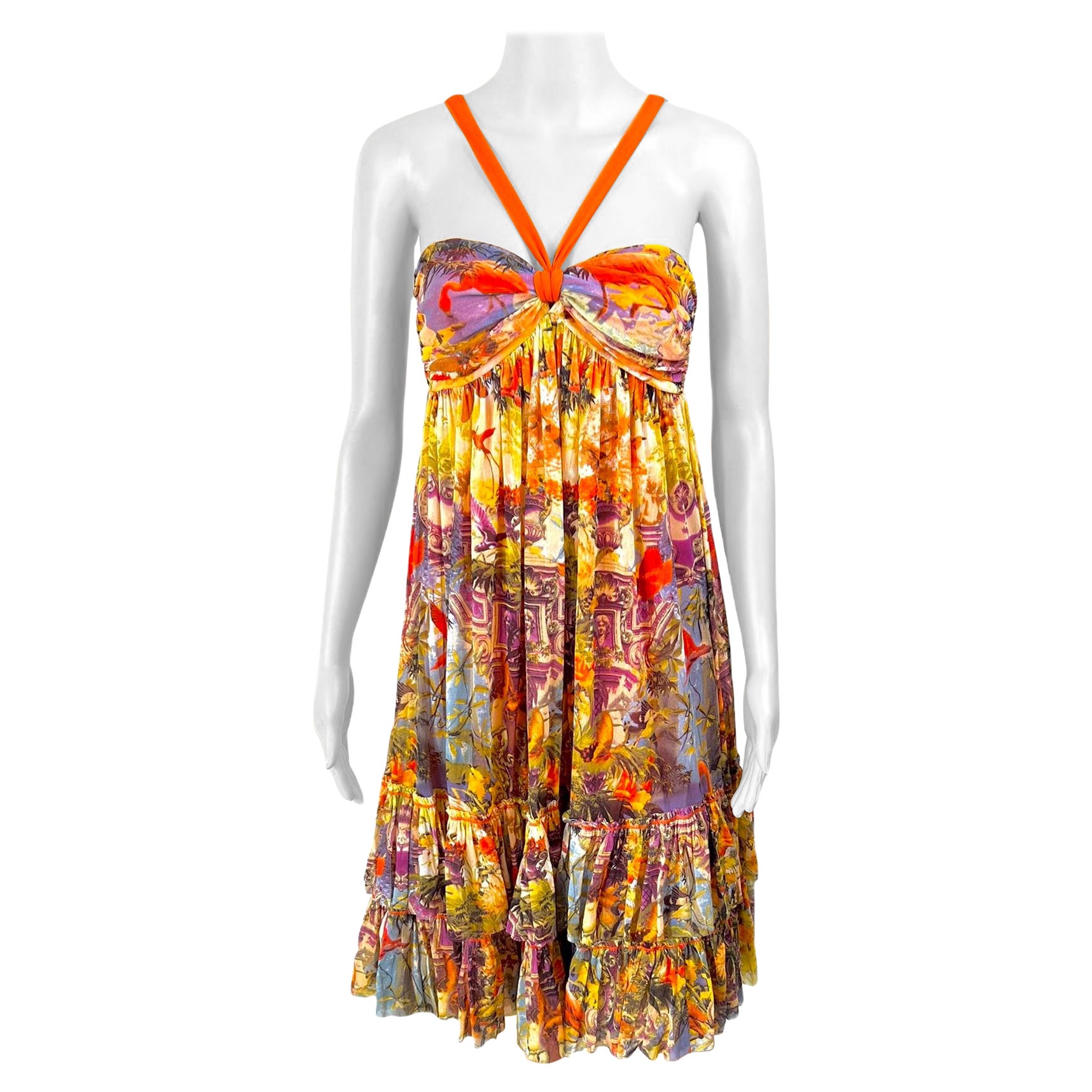 Jean Paul Gaultier - Robe dos nu à volants à imprimé flamants tropical Soleil en vente