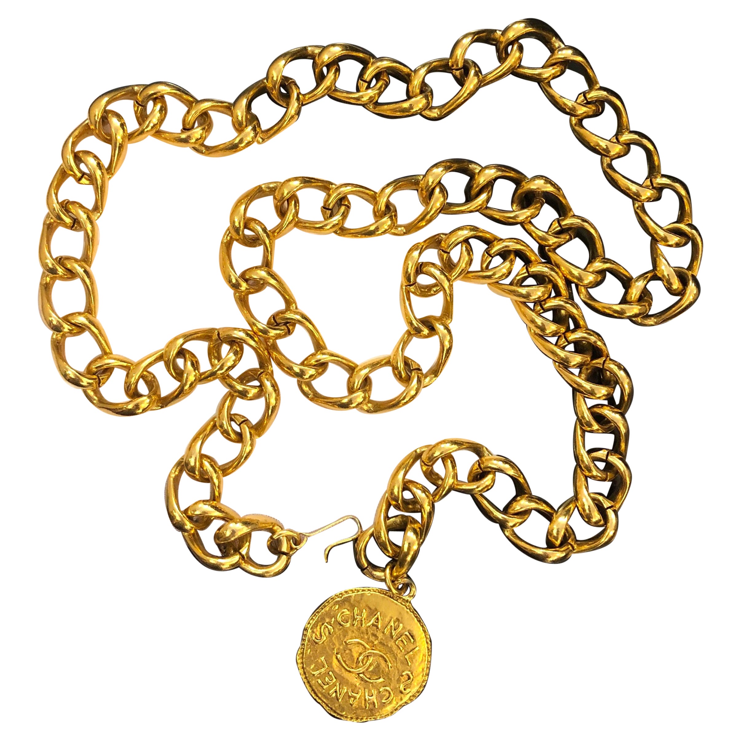 1990s Vintage Chanel Gold Toned Chain Belt Necklace 