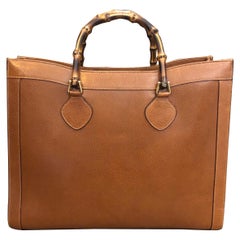 1990s Retro GUCCI Brown Leather Bamboo Tote Gucci Diana Tote Bag (Large)