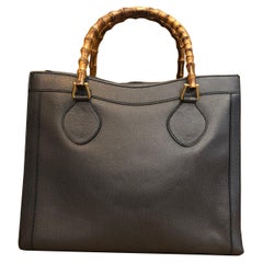 Vintage 1990s GUCCI Leather Bamboo Tote Diana Tote Bag Graphite Grey (Medium)