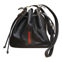 1980s GUCCI Web Black Leather Drawstring Bucket Shoulder Bag