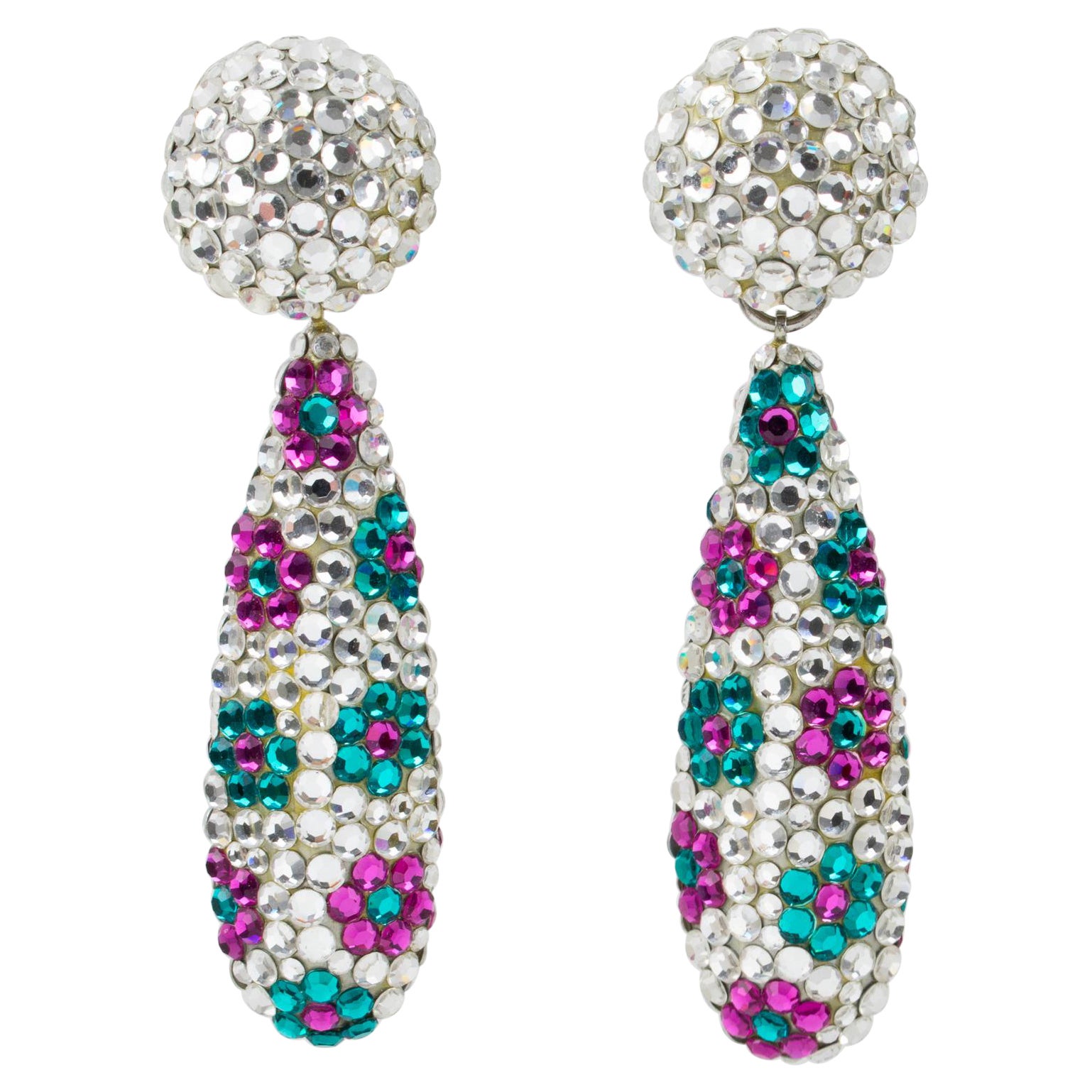Richard Kerr Dangle Clip Earrings Turquoise and Fuchsia Crystal Flowers