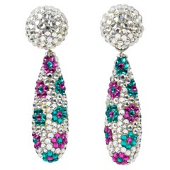 Richard Kerr Dangle Clip Earrings Turquoise and Fuchsia Crystal Flowers