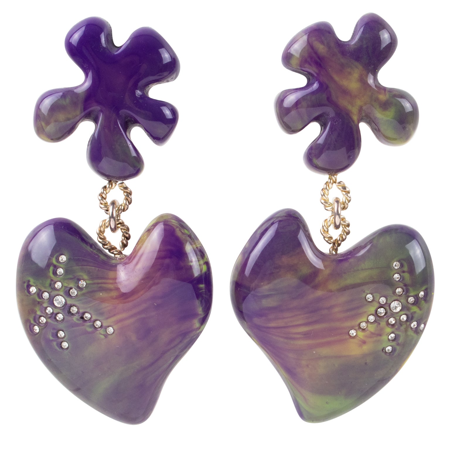 Christian Lacroix Dangle Clip Earrings Amethyst and Yellow Resin Heart For Sale