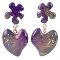 Christian Lacroix Dangle Clip Earrings Amethyst and Yellow Resin Heart