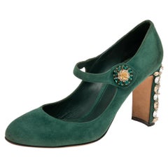 Dolce & Gabbana Green Suede Crystal Embellished Mary Jane Pumps Size 40