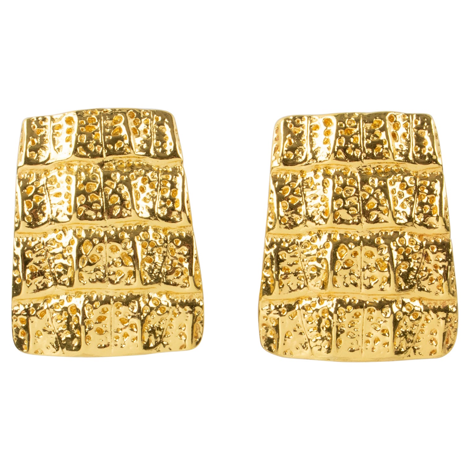 Yves Saint Laurent YSL Gilt Metal Crocodile Pattern Clip Earrings