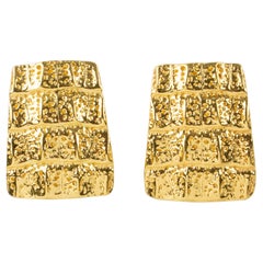 Vintage Yves Saint Laurent YSL Gilt Metal Crocodile Pattern Clip Earrings