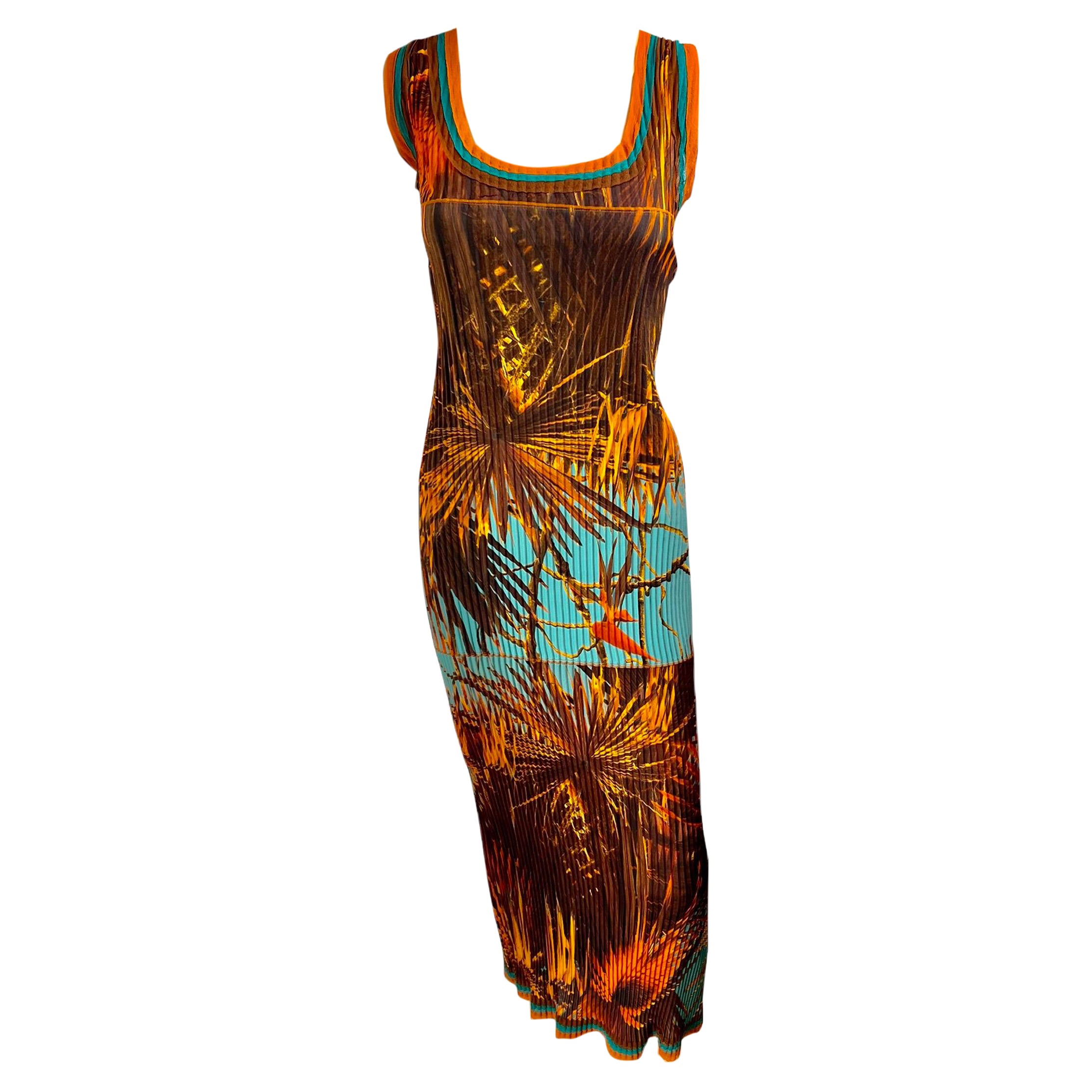 Jean Paul Gaultier Soleil Tropical Print Pleated Maxi Dress