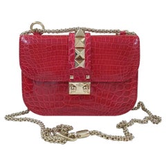 Valentino Red Crocodile Small Glam Lock Shoulder Bag