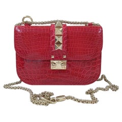 Valentino - Sac à bandoulière rouge en crocodile, petit modèle Glam Lock