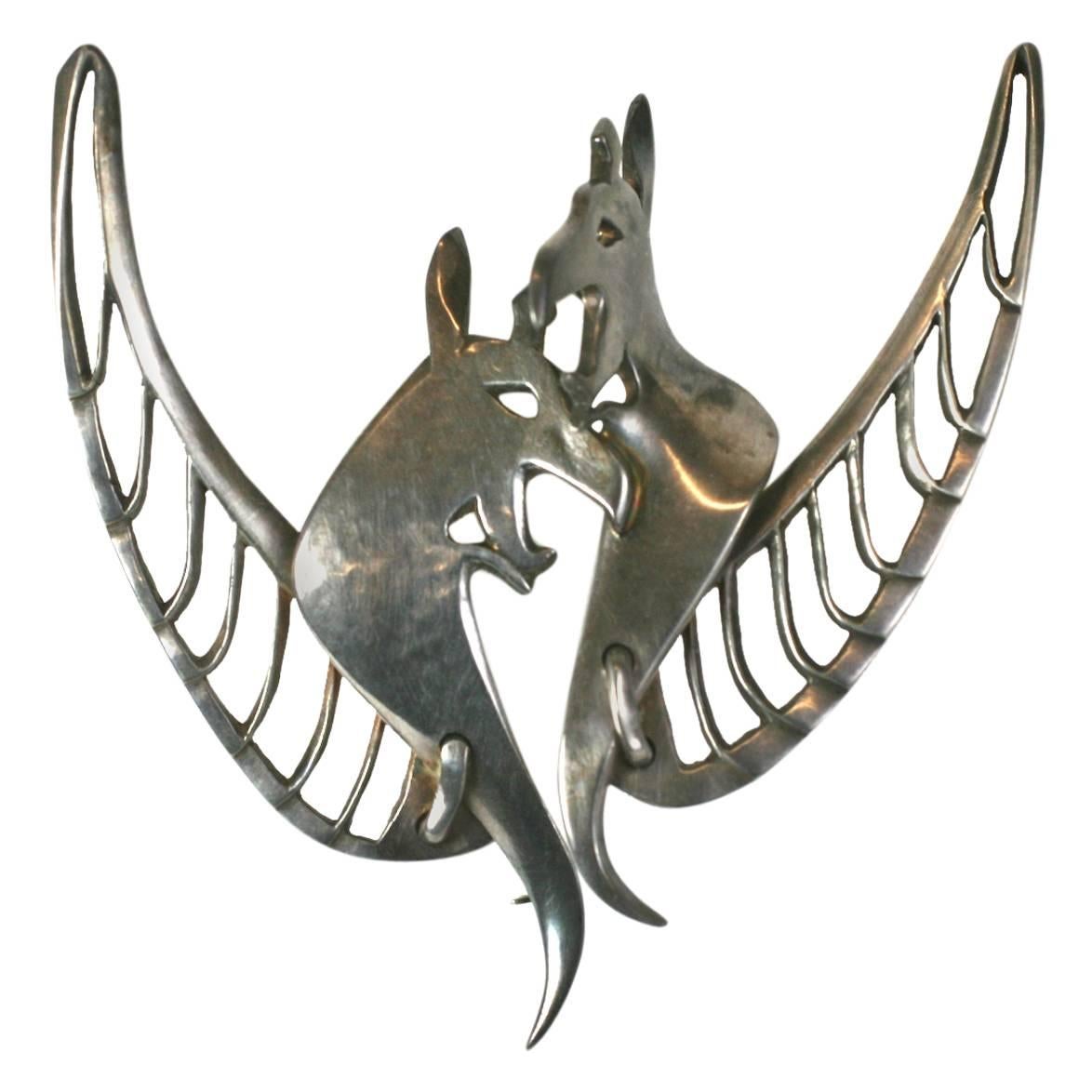  Articulated Dueling Gargoyle Modernist Brooch For Sale