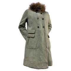 2000 Brunello Cucinelli Aviator-Inspired Sage Suede Shearling Coat w Fur Collar 