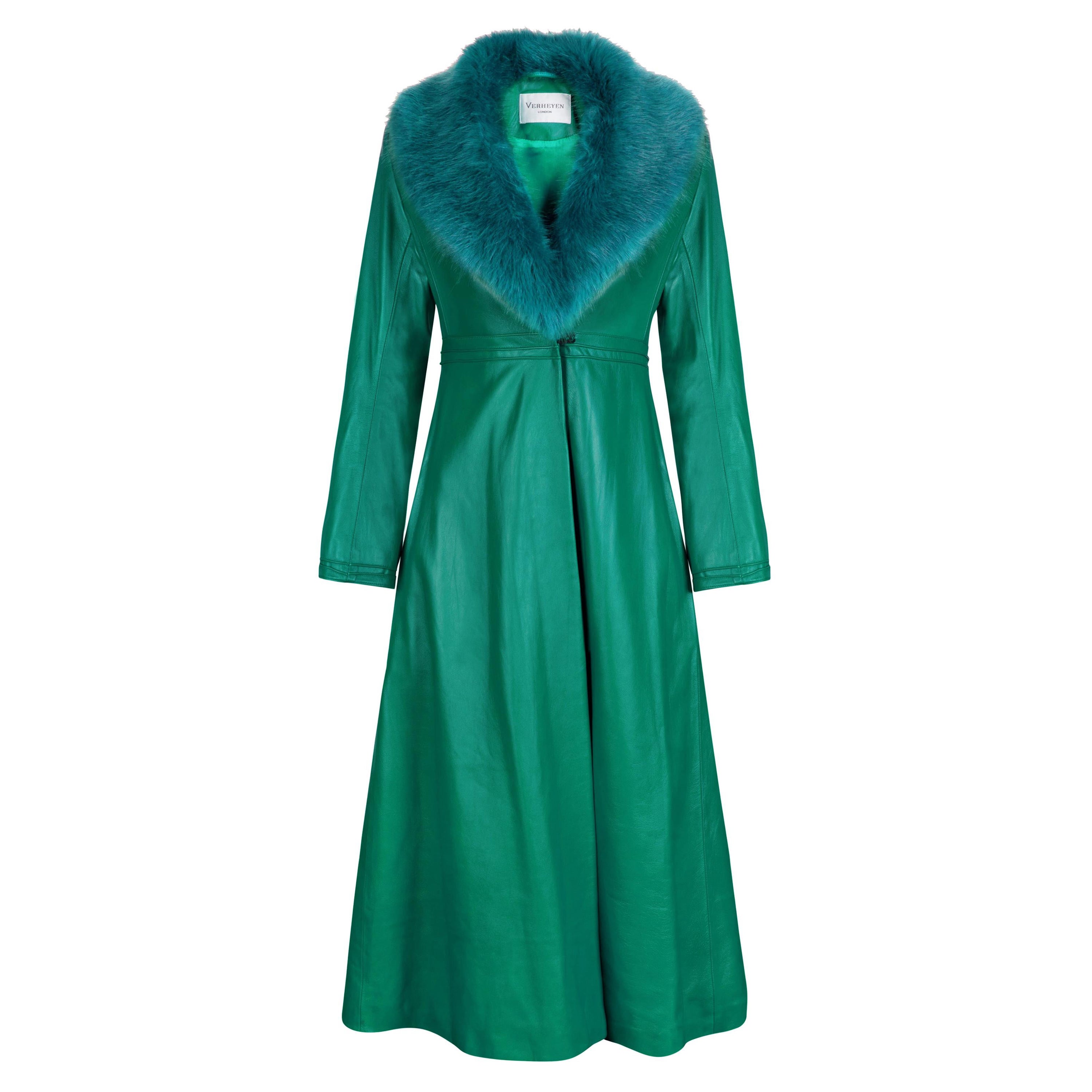 Verheyen London Edward Leather Coat in Green & Green Faux Fur - Size 14 UK  For Sale