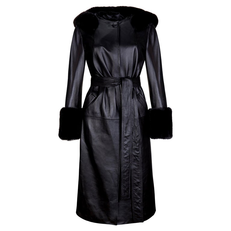 Verheyen London Hooded Leather Trench Coat in Black with Faux Fur - Size uk 10 For Sale at 1stDibs | faux fur lined trench coat, trench coat leather coat women