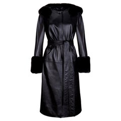 Verheyen London Hooded Leather Trench Coat in Black with Faux Fur - Size uk 14 