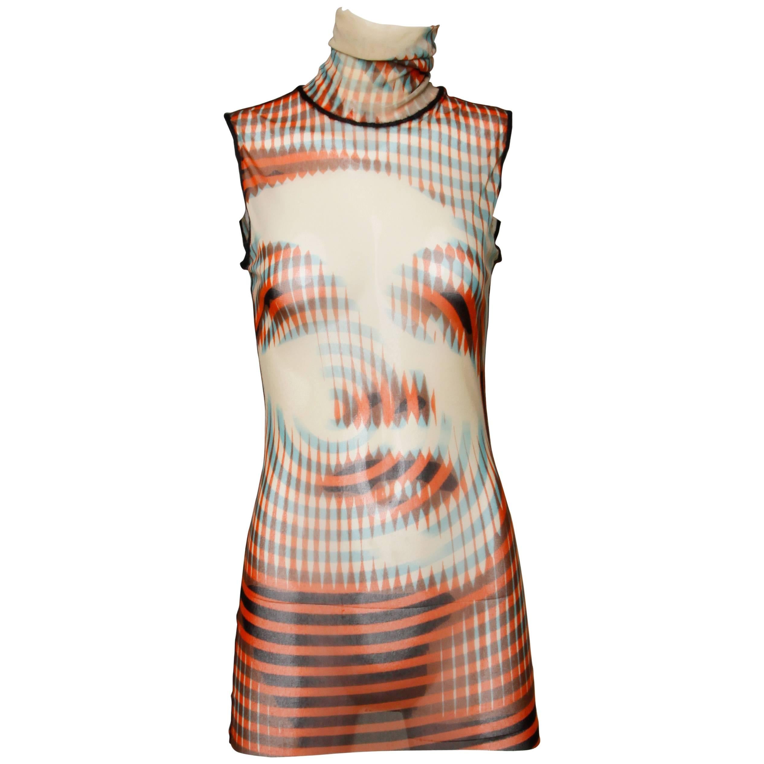 Iconic Jean Paul Gaultier Sheer Mesh 3-D Optical Illusion Face Turtle Neck Top