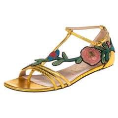 Gucci Gold Leather Ophelia Floral Embroidered Flat Sandals Size 39