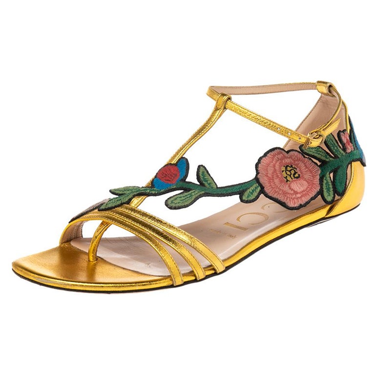 Gucci Gold Leather Ophelia Floral Embroidered Flat Sandals Size 39 at ...