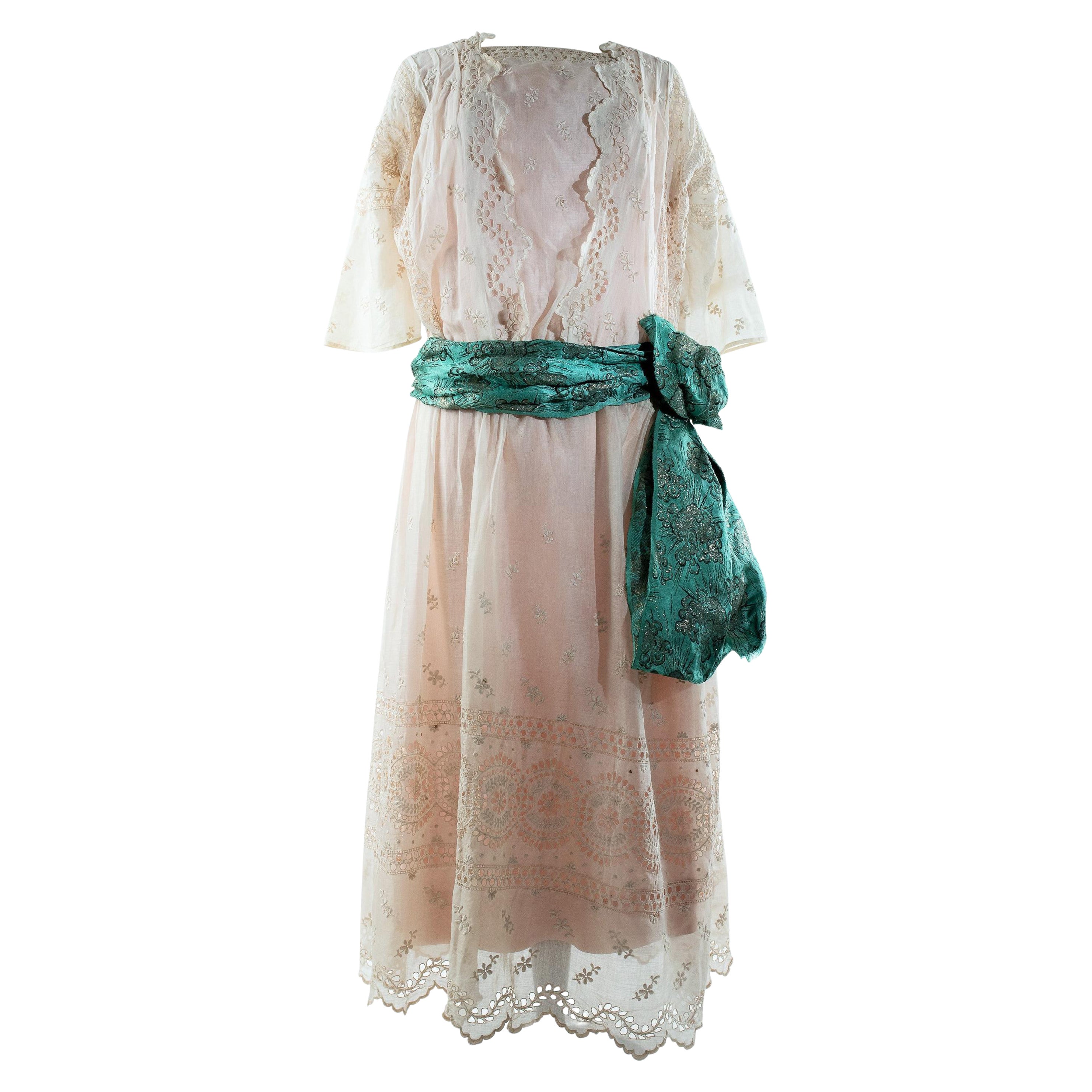 A silk pongee & White Embroidery Chiffon Summer Dress - France Circa 1920 For Sale