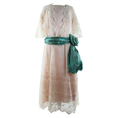 A silk pongee & White Embroidery Chiffon Summer Dress - France Circa 1920