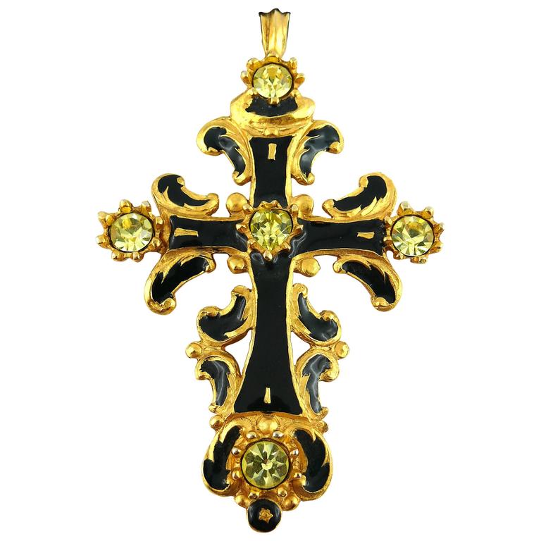 Christian Lacroix Vintage Baroque Jewelled Enamel Cross Pendant