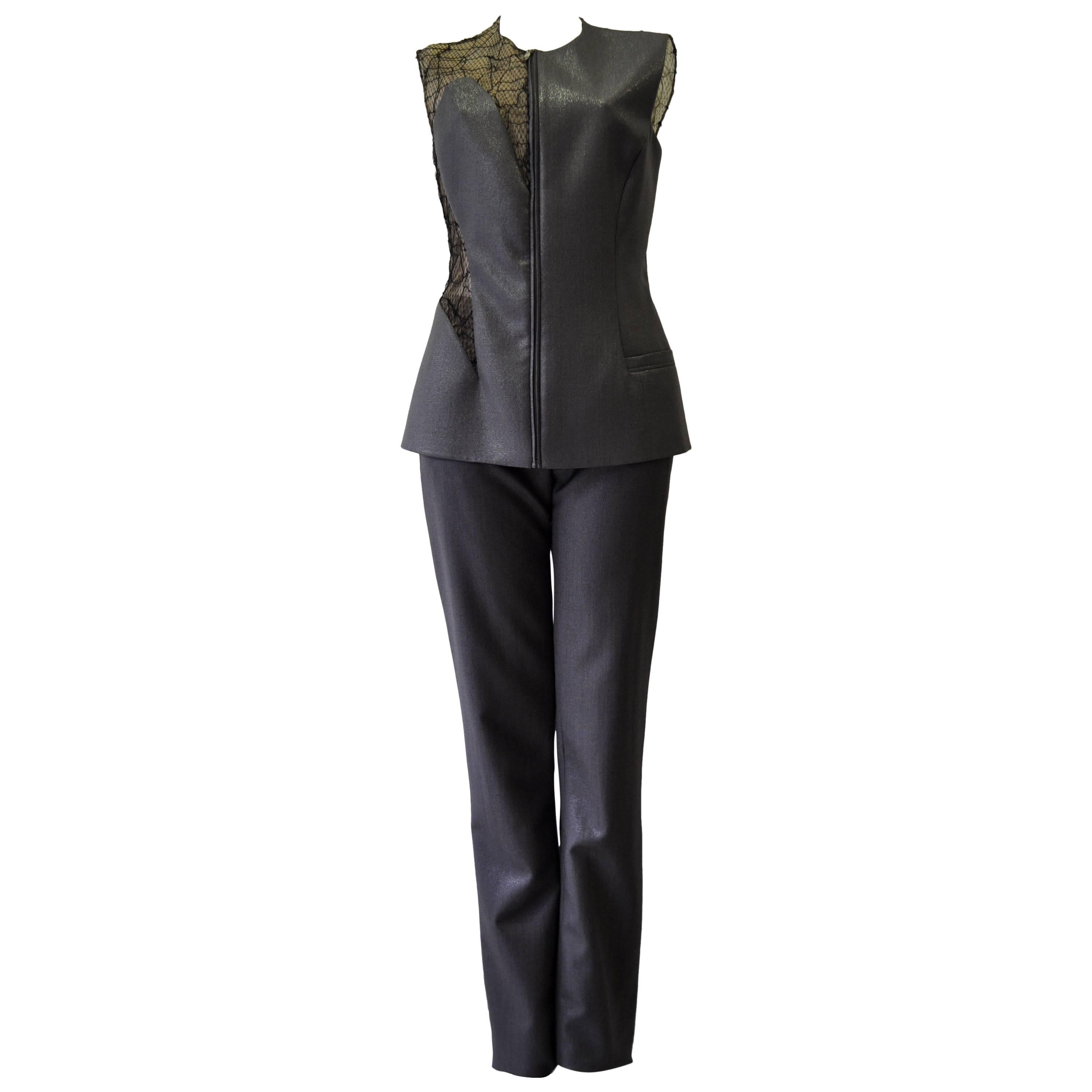 Gianni Versace Couture Grey Metallic Mesh Applique Pantsuit For Sale