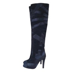 Chanel Black Suede Textile Heeled  Overknee Boots