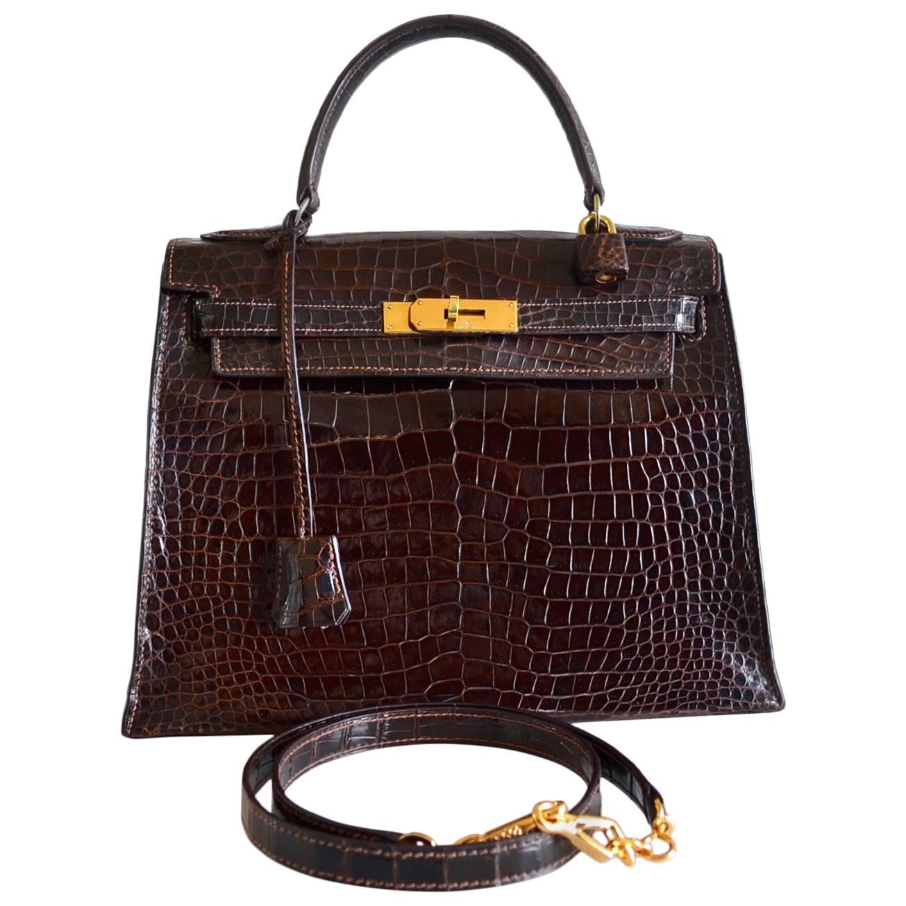 Hermes Kelly 28 Havane crocodile Porosus