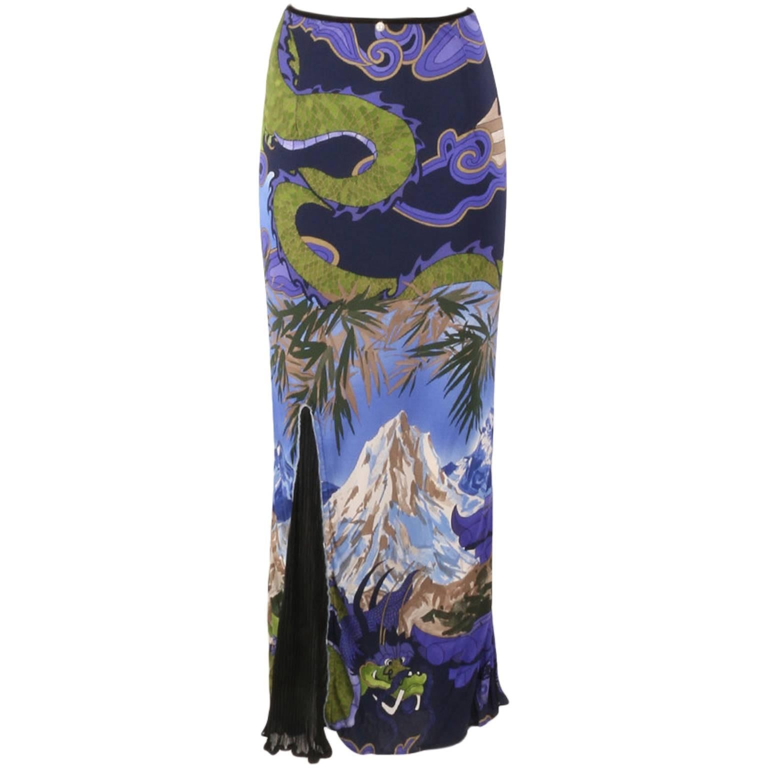 Original Voyage Oriental Style Maxi Skirt with Dragons and Bamboo Print Size 6/8 For Sale