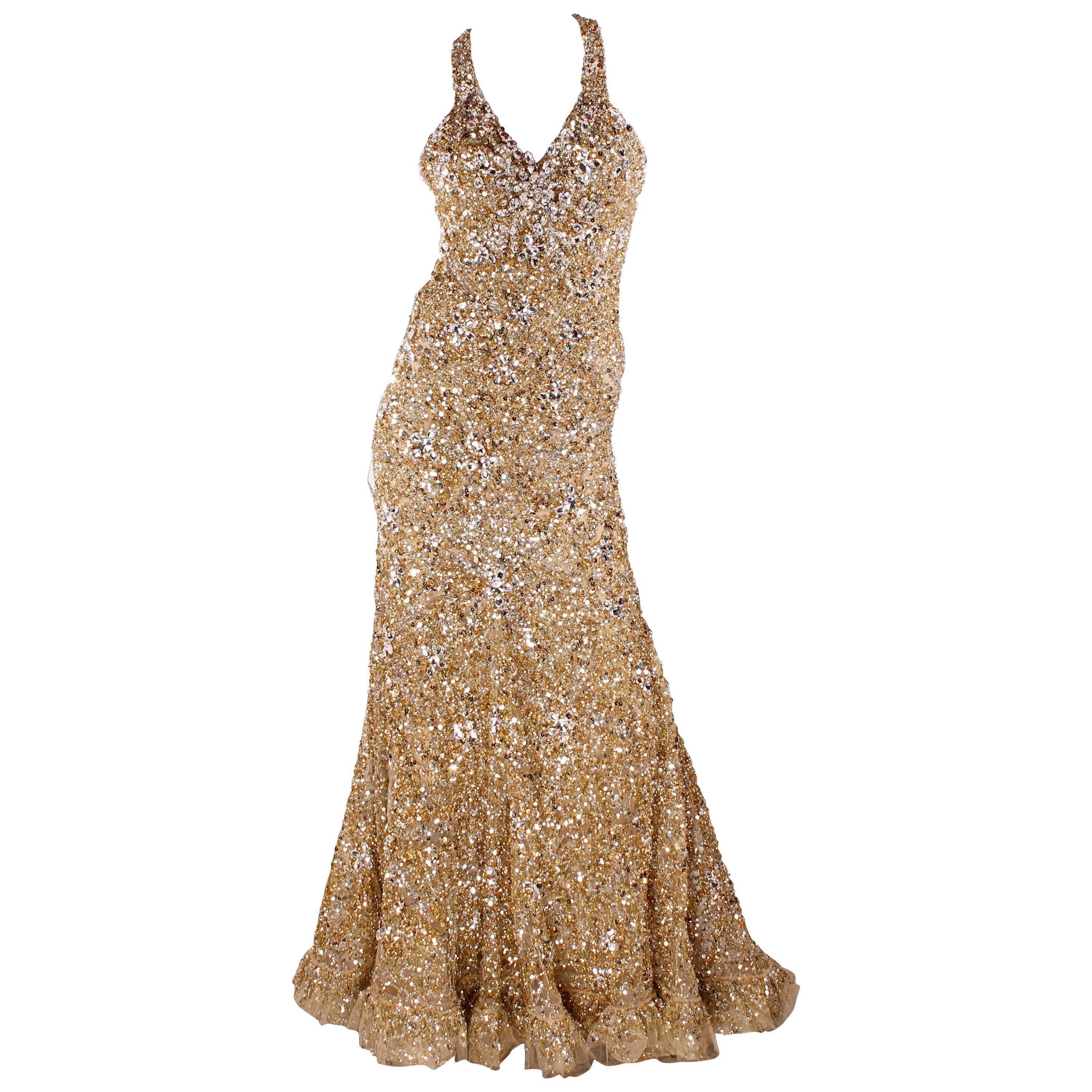 Elie Saab Haute Couture Evening Gown - golden beads & sequins For Sale