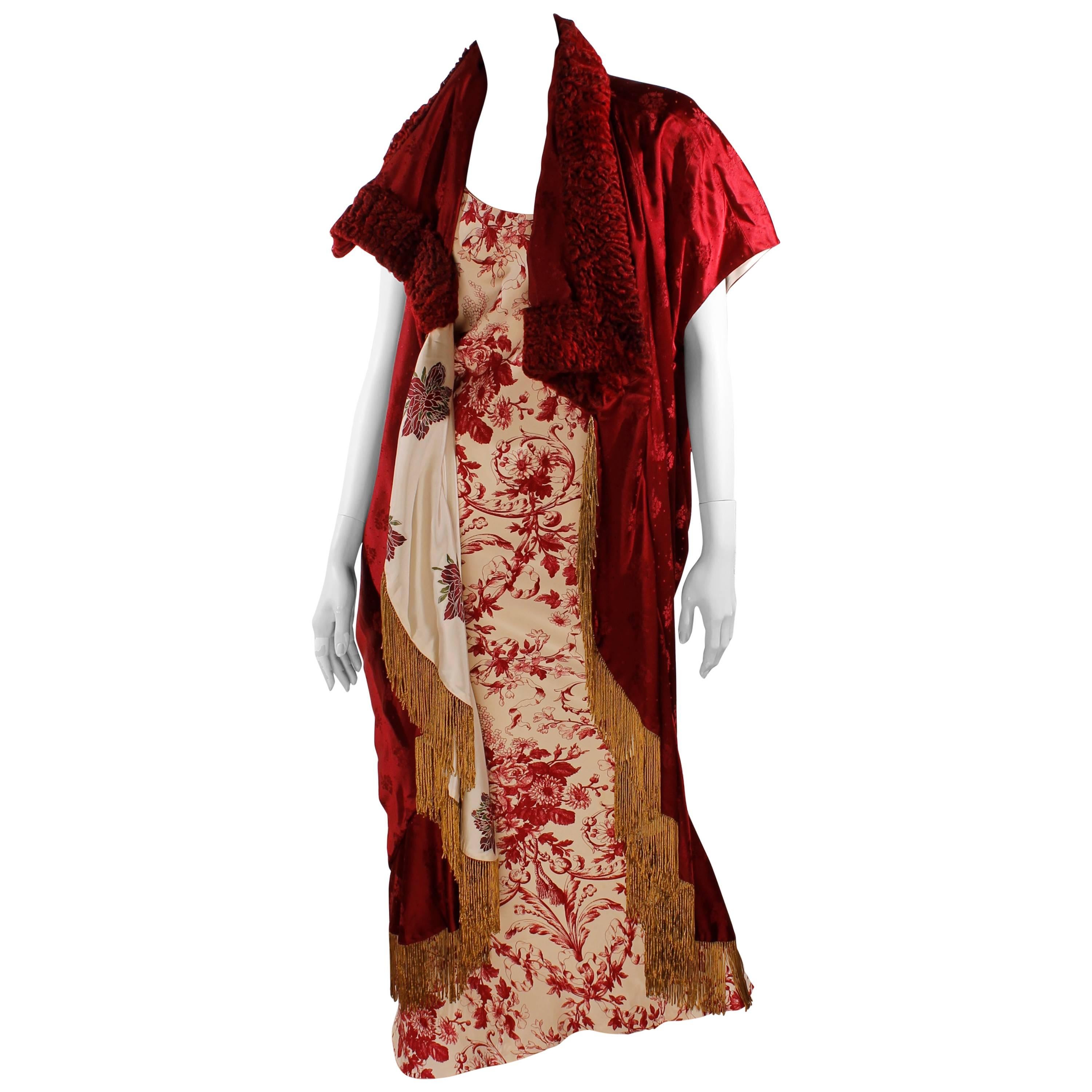 Christian Dior Evening Dress and Cape - red/ivory flowerpattern For Sale