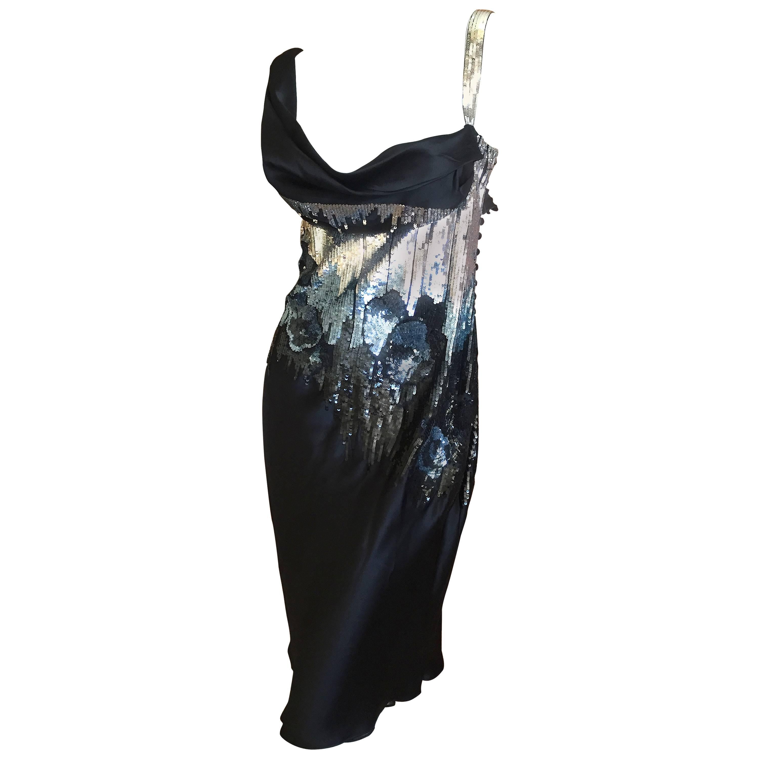 John Galliano Sequin Black Silk Cocktail Dress For Sale