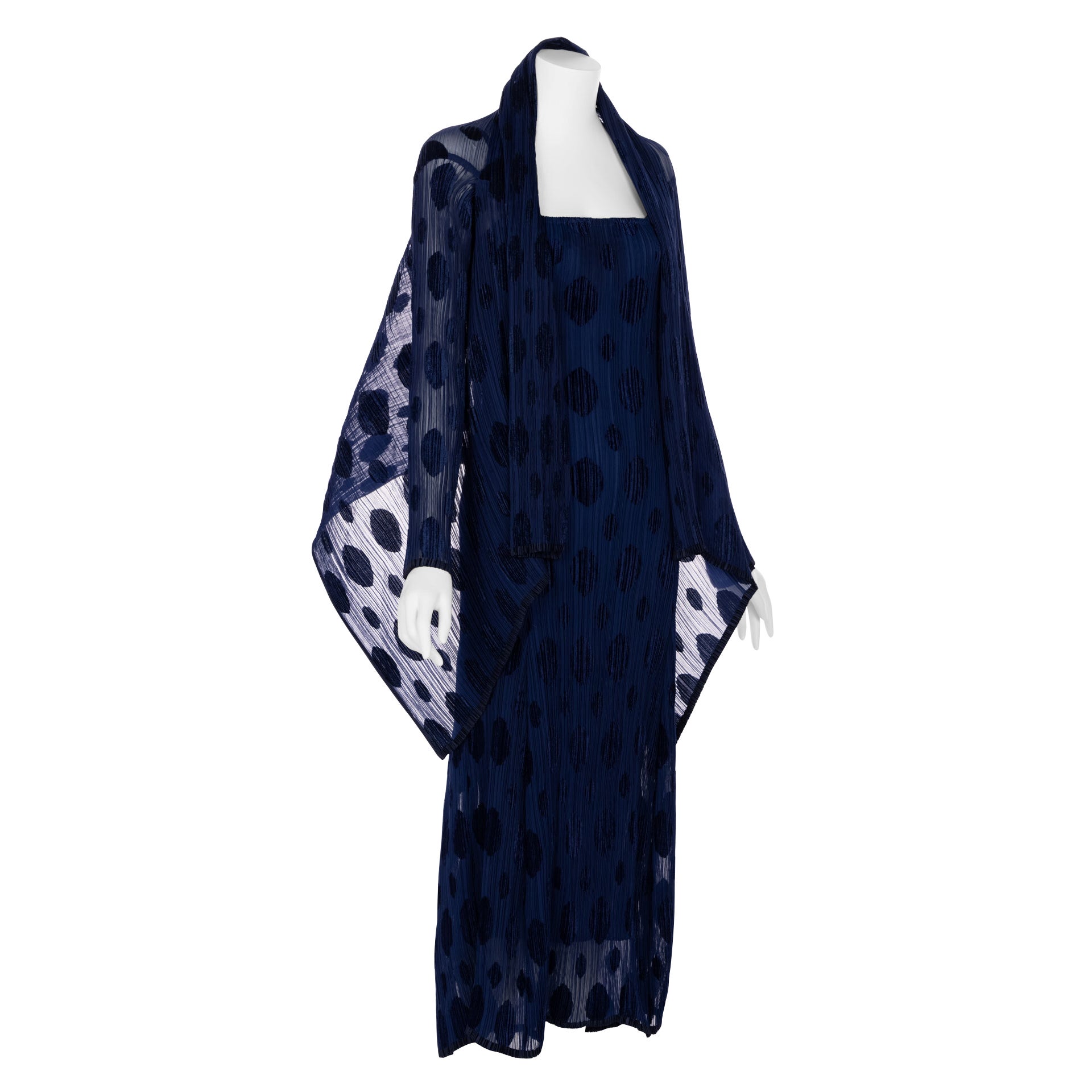 Issey Miyake Pleated Blue Polka Dot Dress & Jacket Set For Sale