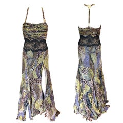 Versace F/W 2005 Animal Print Sheer Lace Panel Open Back Evening Dress Gown 