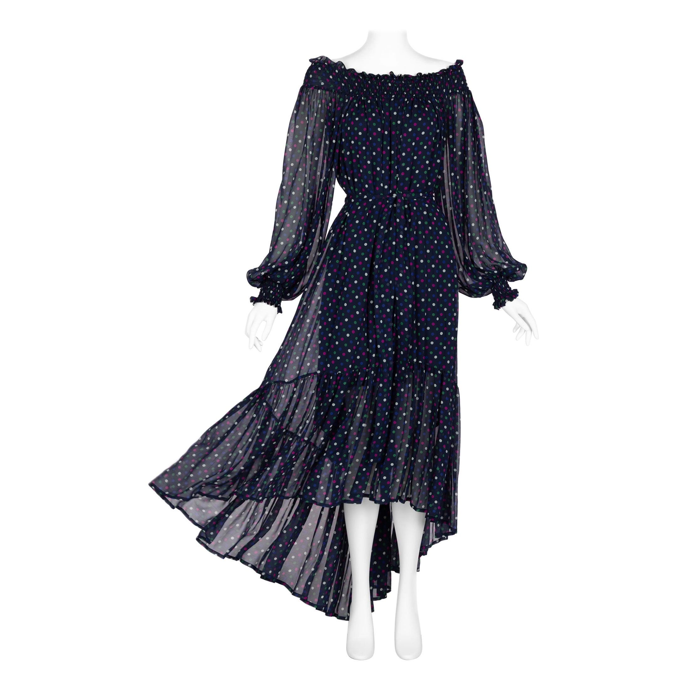 Saint Laurent Blue Polka Dot Off Shoulder Silk Dress YSL 1970s For Sale