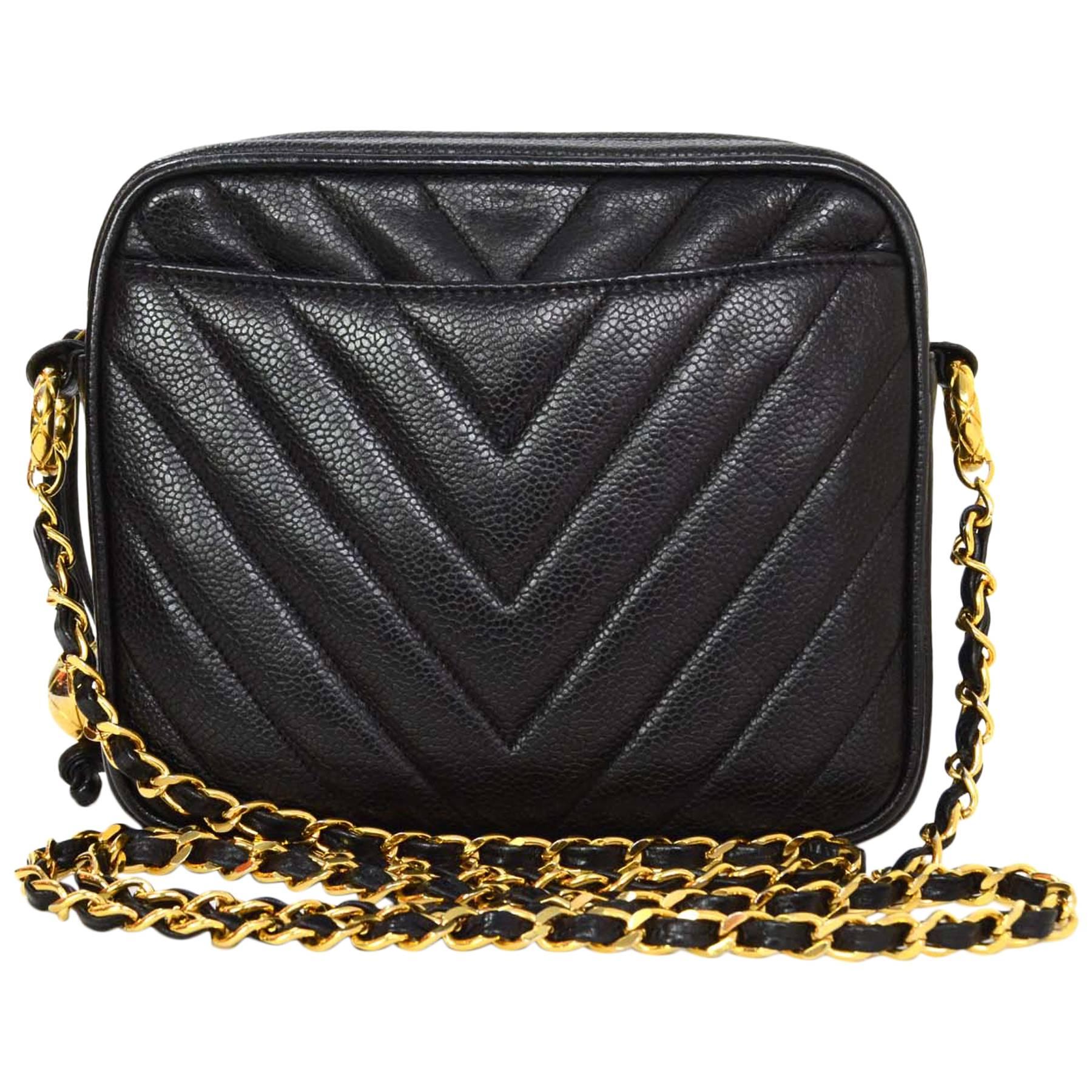 Chanel Vintage '93 Black Chevron Caviar Leather Crossbody Camera Bag GHW
