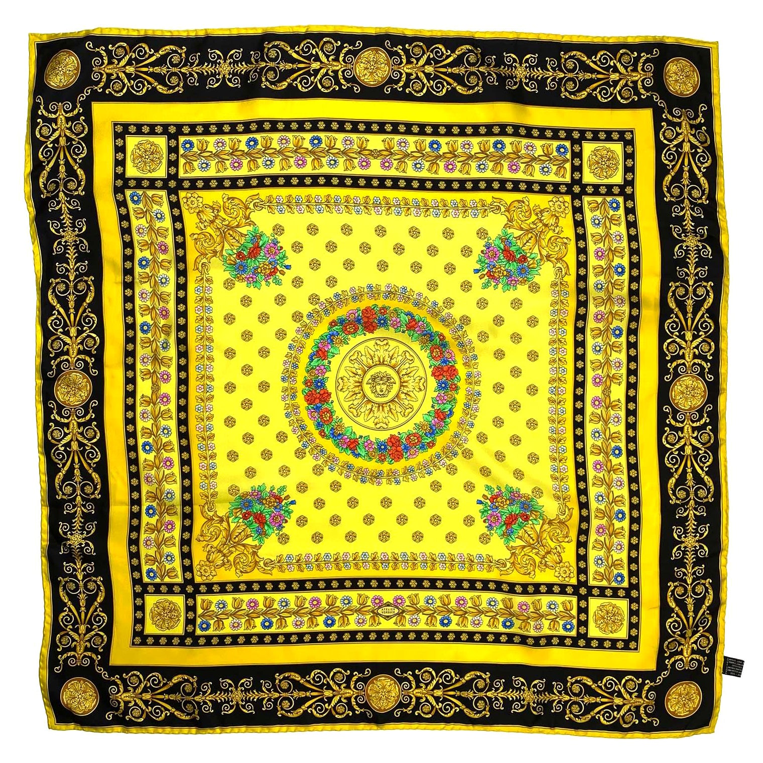 1990s Atelier Versace Yellow Floral Silk Square Scarf