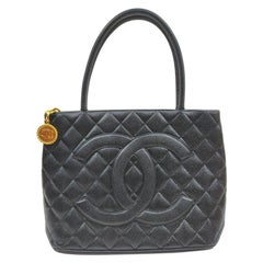 Vintage Chanel Quilted Black Caviar Medallion Tote Zip Bag 862763