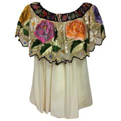 Vintage Mexican silk needle point & embroidered peasant blouse 1940s 
