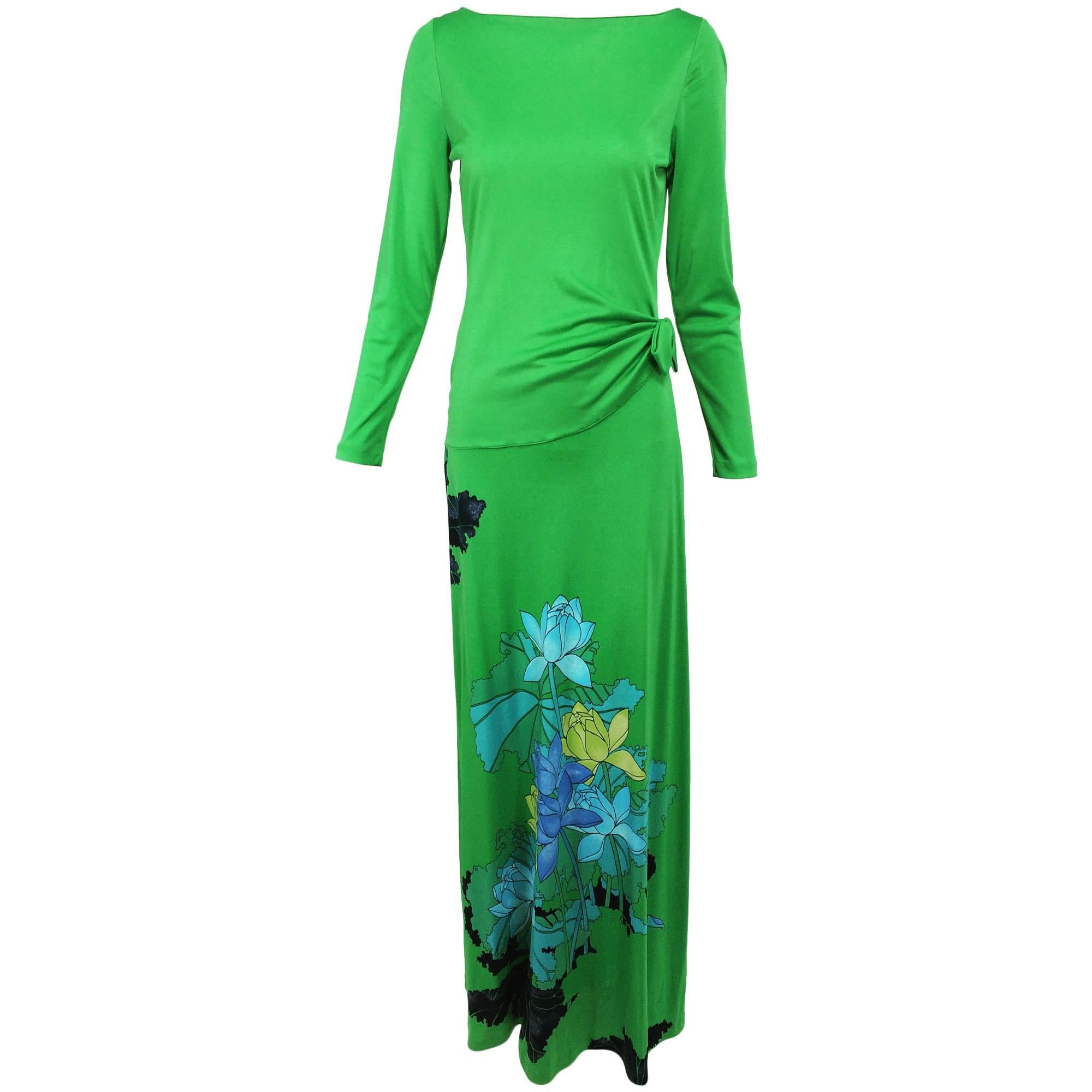 Mac Tac of Paris grass green lotus flower hip gather jersey maxi dress 1970s