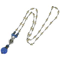  Louis Rousselet, collier sautoir bleu en opaline